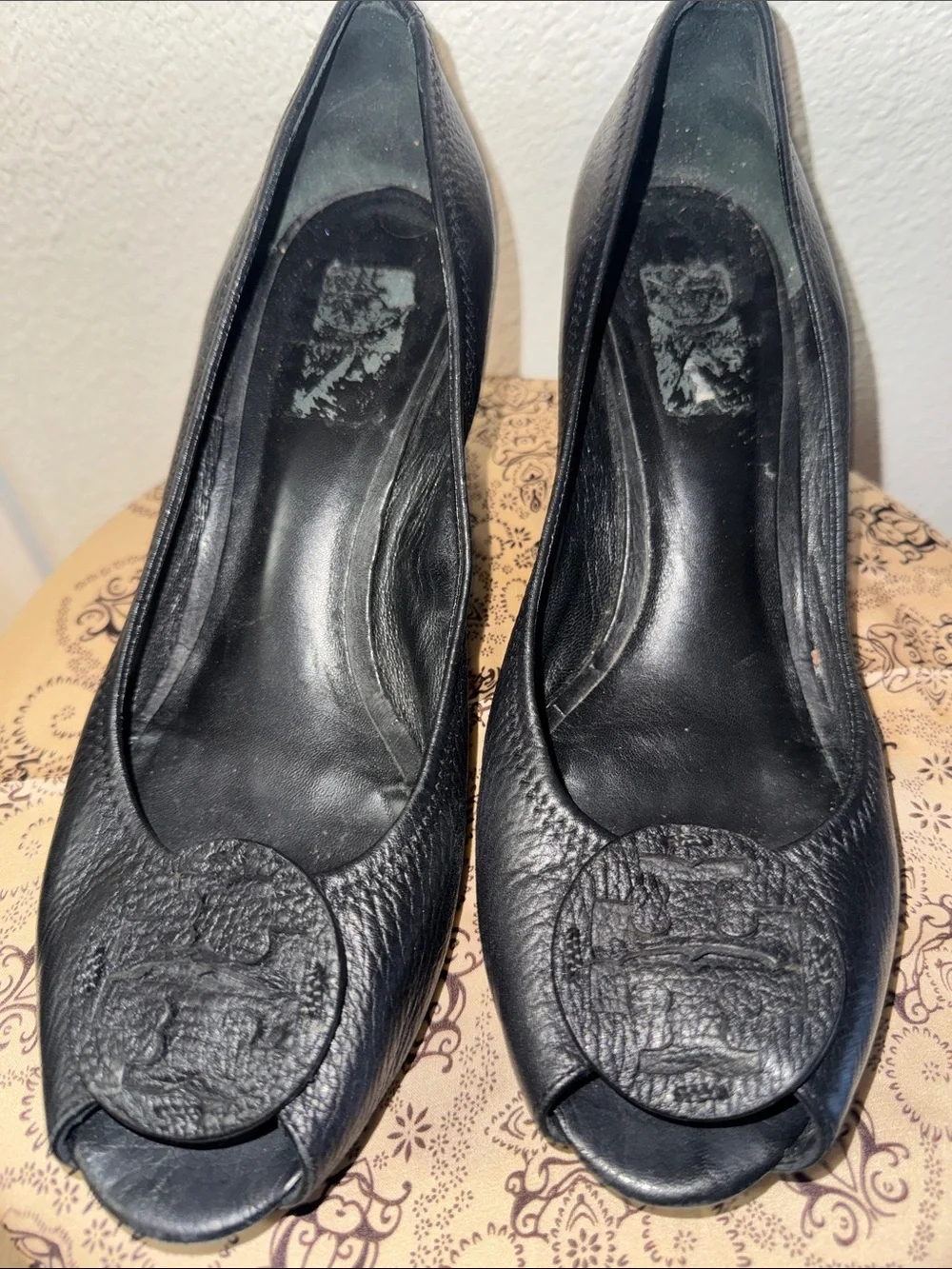 Tory Burch Black Leather Peep-Toe Heels with Logo Emblem